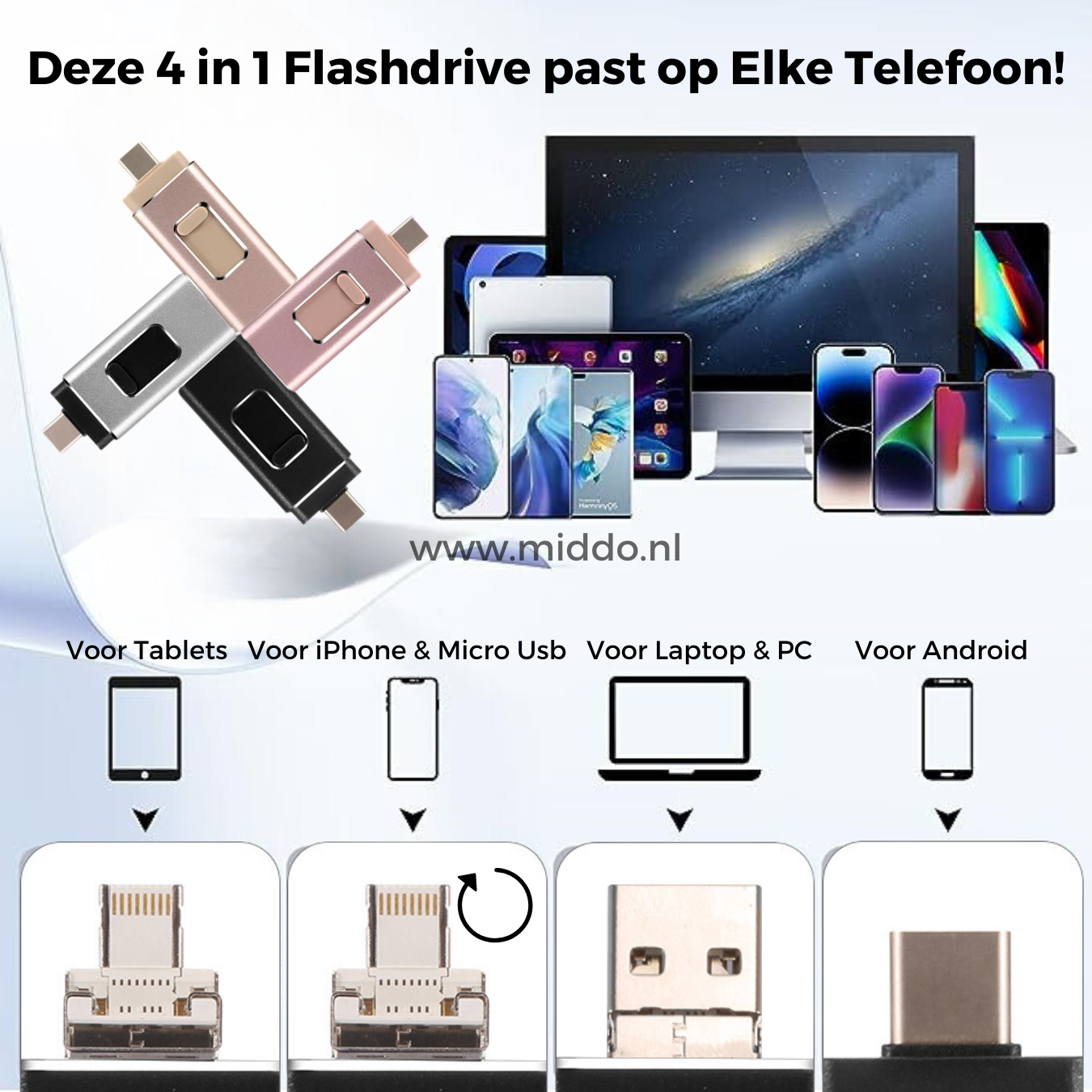 Mit unserem 4-in-1-Flash-Laufwerk haben Sie nie wieder ein vollwertiges Mobiltelefon. Das passt auf jedes Gerät! 