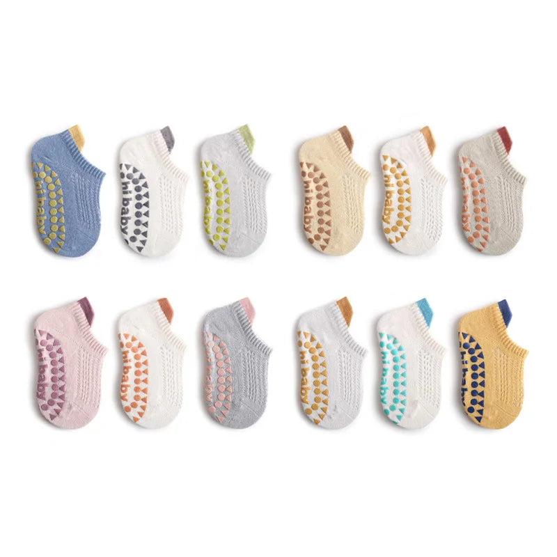6 Paar rutschfeste Baumwoll-Bodensocken für Babys, Jungen und Mädchen, Sommer, für Kleinkinder, Kinder, Indoor-Aktivitäten, Laufen lernen
