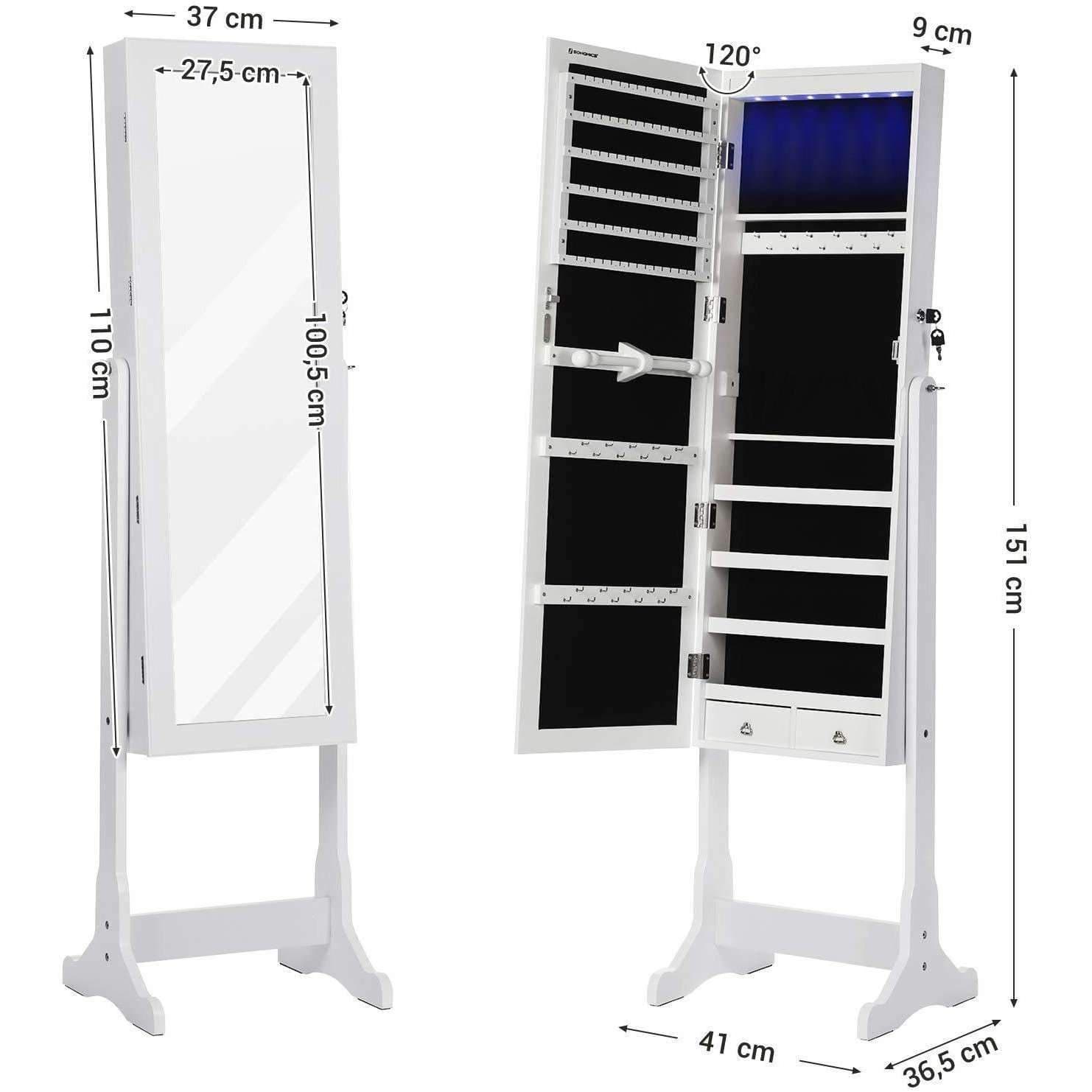 Standing Jewelry Cabinet with Mirror and LED lighting - Lockable - Jewelry storage cabinet with large mirror