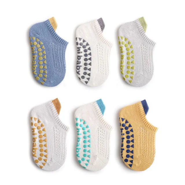 6 Paar rutschfeste Baumwoll-Bodensocken für Babys, Jungen und Mädchen, Sommer, für Kleinkinder, Kinder, Indoor-Aktivitäten, Laufen lernen